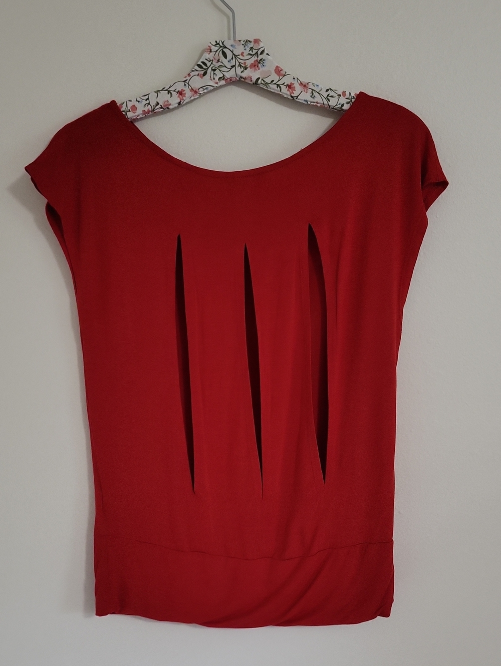 Vintage Bebe Red Slash Vertical Cut Out Back Shirt- Made In USA-Rare